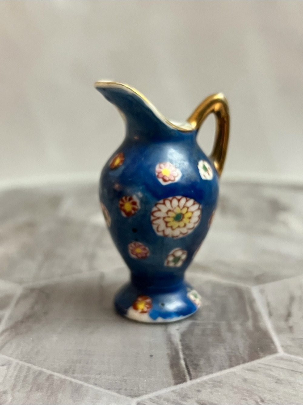 Vintage Japan Miniature Blue Porcelain Floral Pitcher Creamer Gold Trim 3”